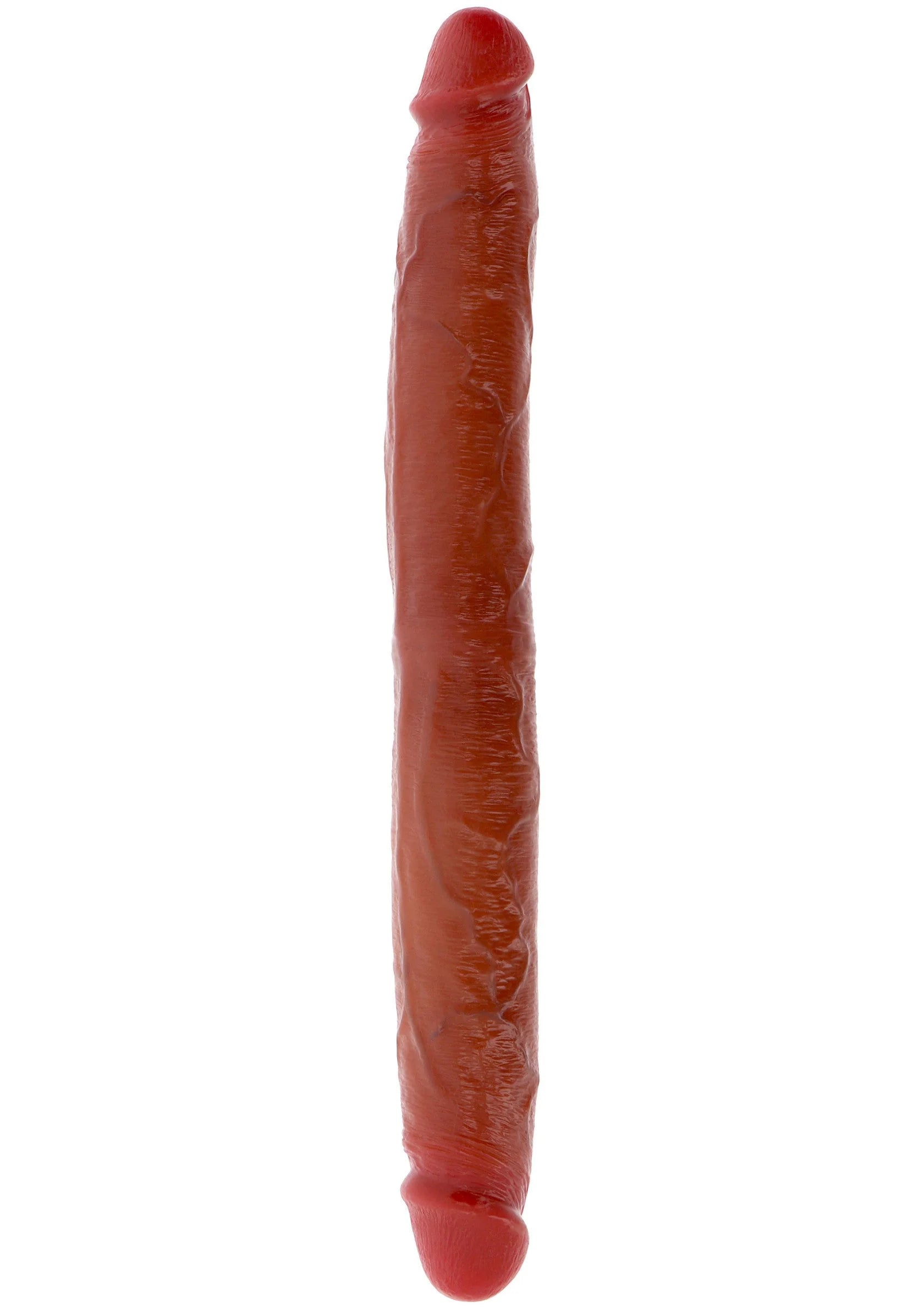 Donkerrode siliconen double dong, 35 cm lang, langwerpige vorm met afgeronde top.