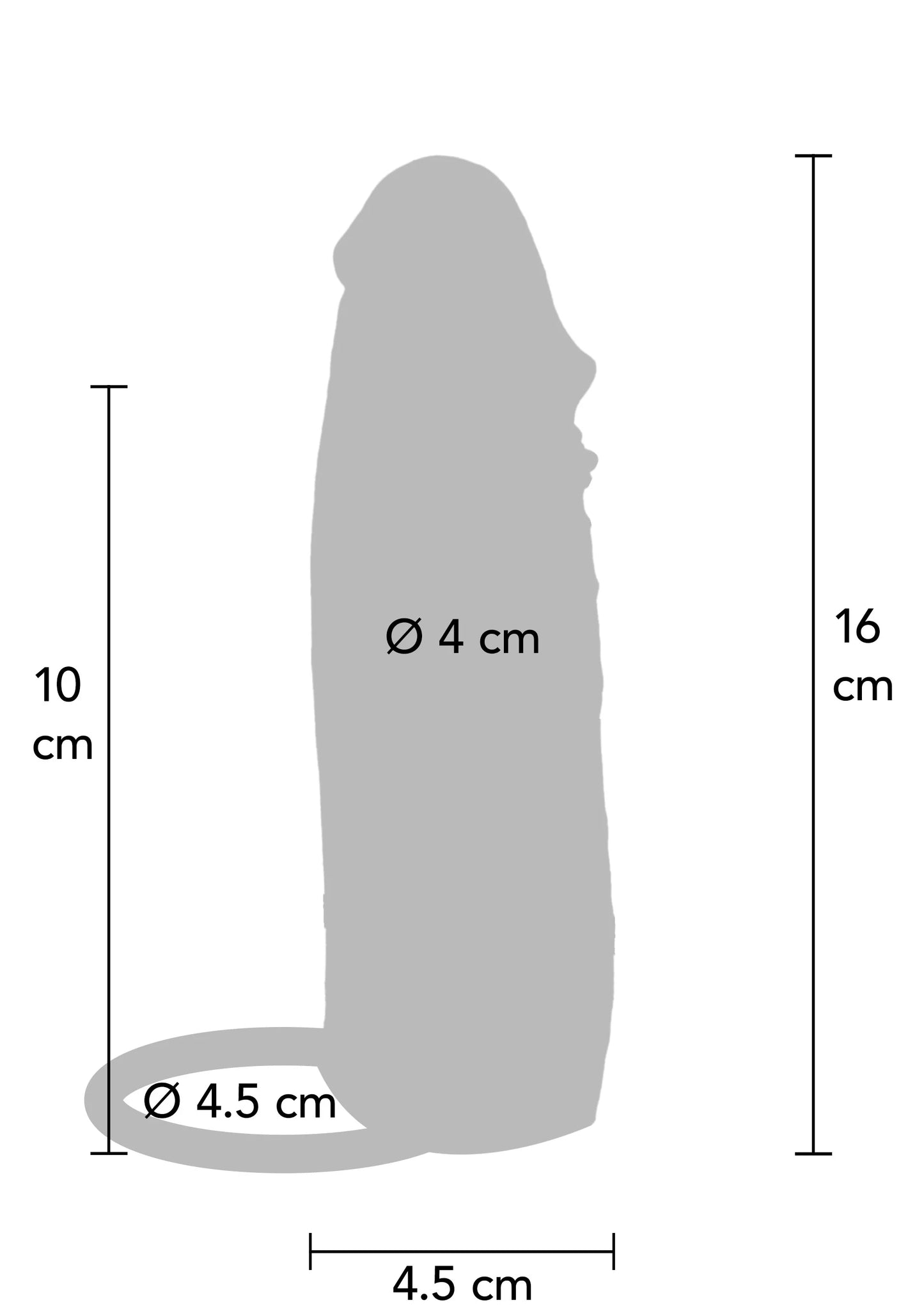 Afmetingenschets: Ø 4,5 cm onderkant, Ø 4 cm, hoogte 16 cm.