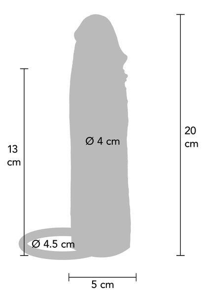 Schematische maatvoering: 20 cm sleeve, Ø 4,5 cm basis en Ø 4 cm
