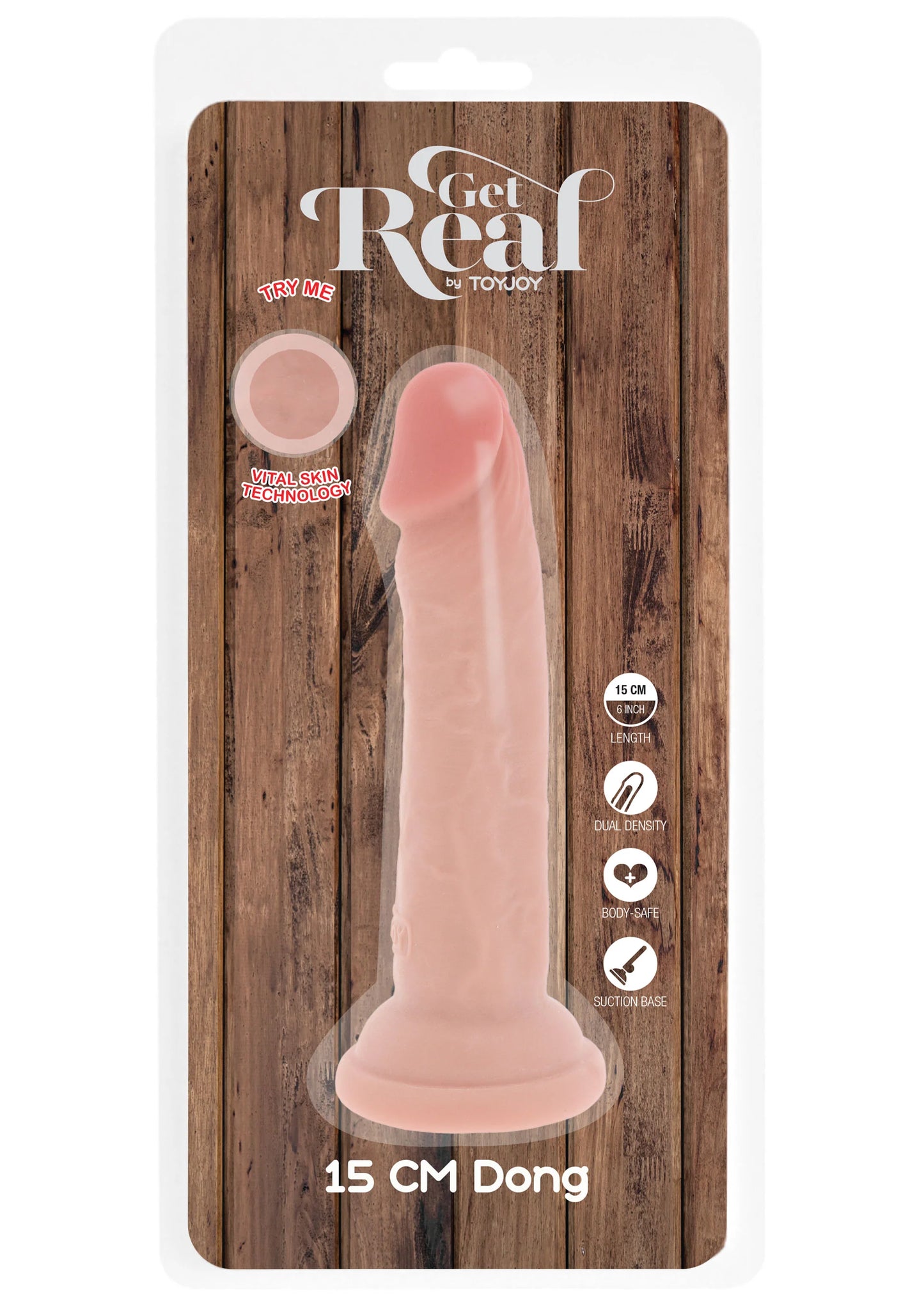 Verpakking met roze dildo van 15 cm; merk ToyJoy op productkaart.