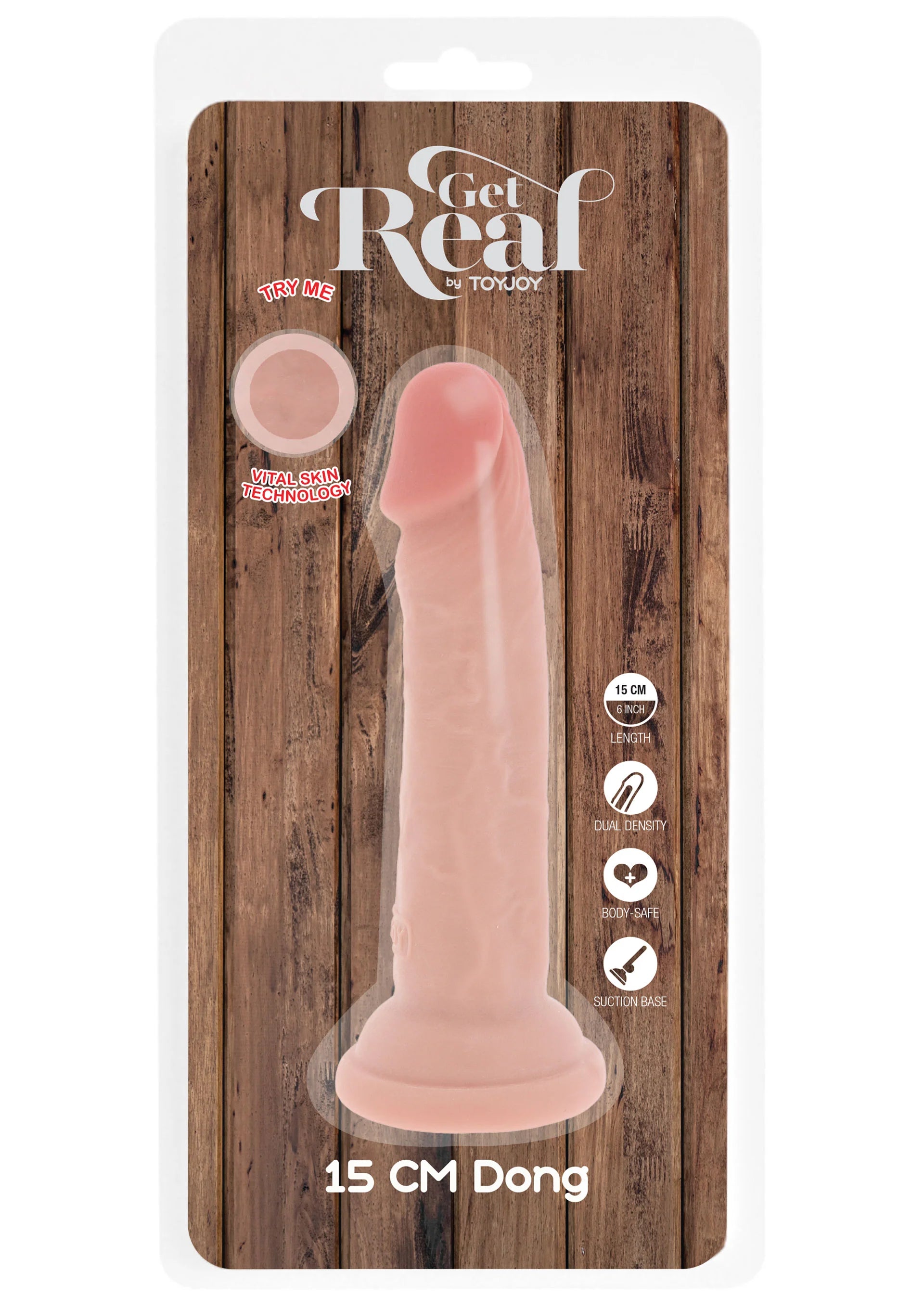 Verpakking met roze dildo van 15 cm; merk ToyJoy op productkaart.