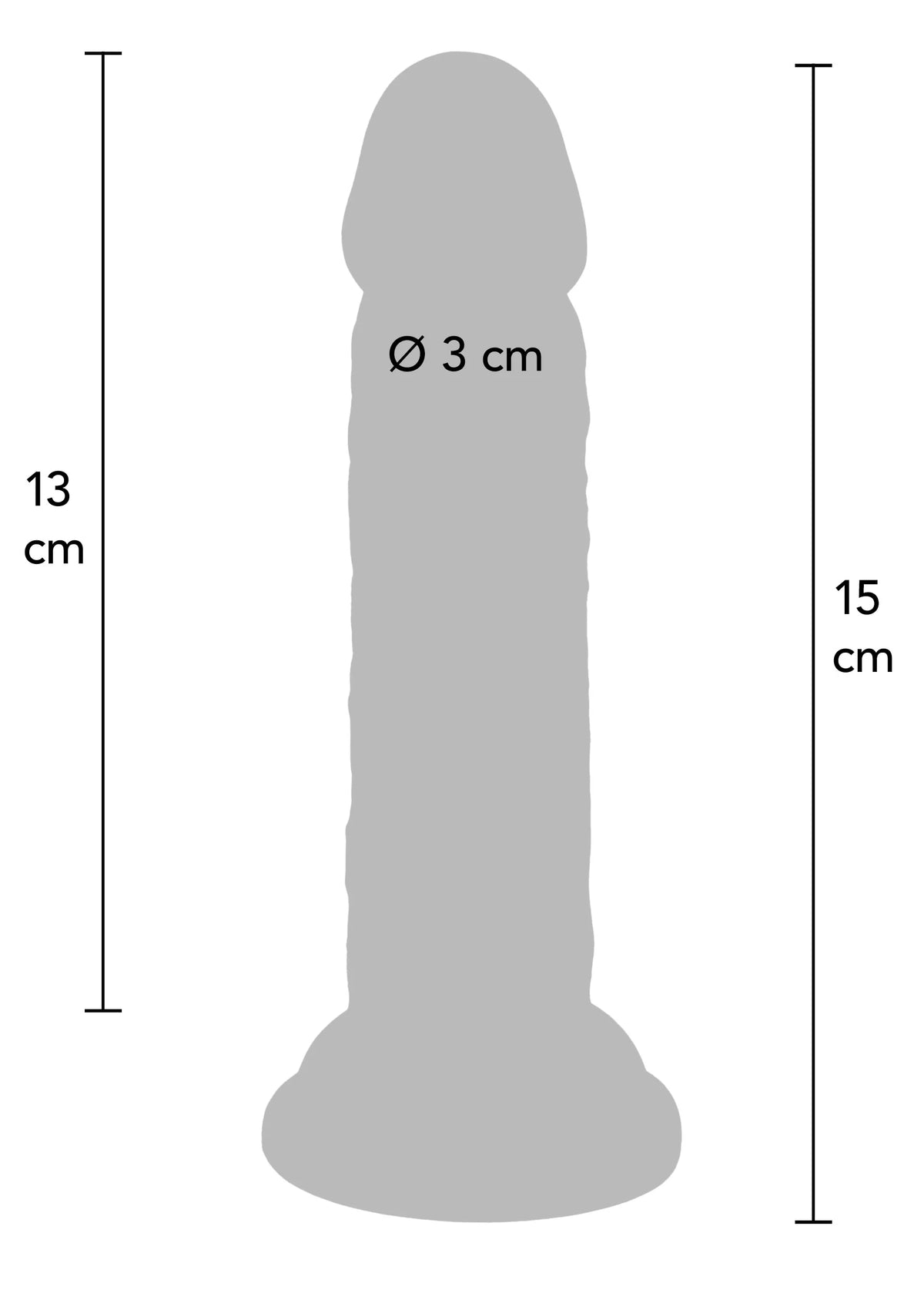 Maatschets dildo: Ø 3 cm, 13 cm, 15 cm totaal in grijze vorm.
