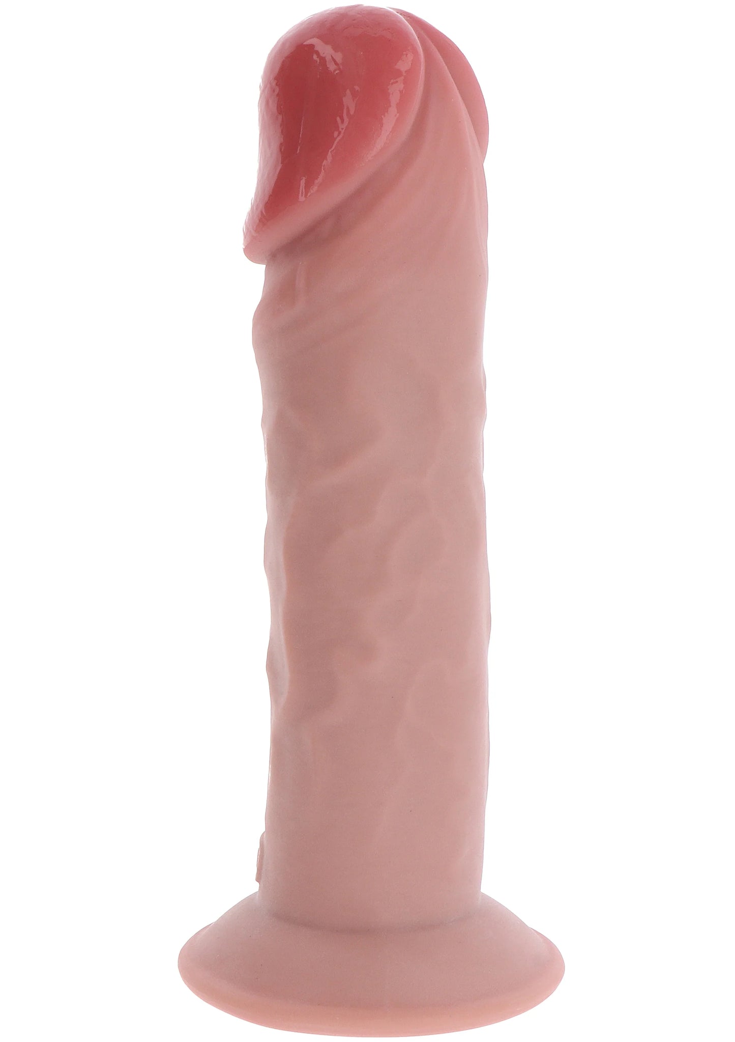 Roze TPE dildo van voren, afgeronde kop en brede voet, glad oppervlak