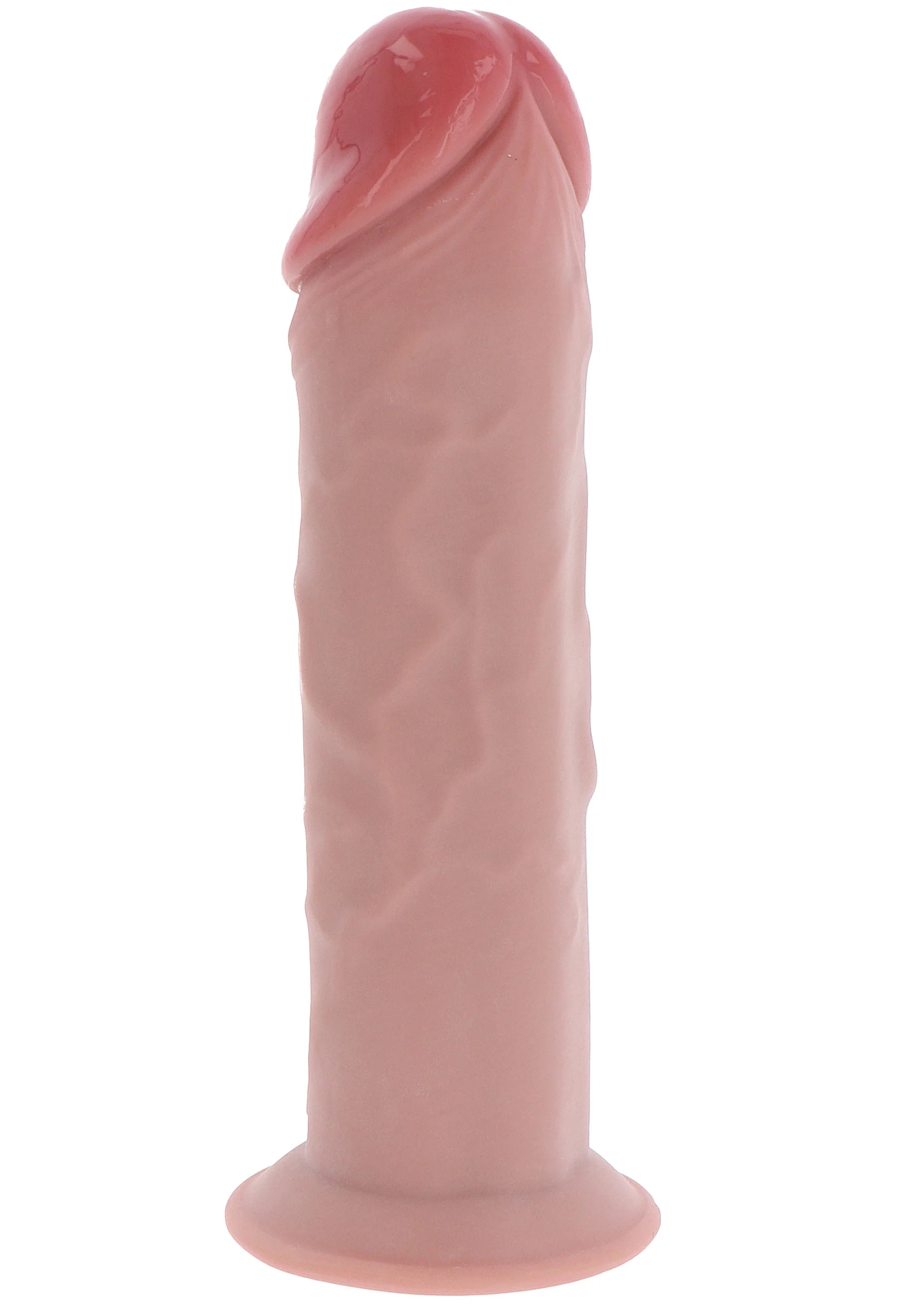 Roze TPE-dildo achteraanzicht met afgeronde kop en brede voet