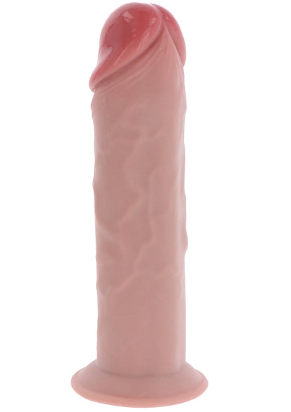 Roze TPE-dildo achteraanzicht met afgeronde kop en brede voet