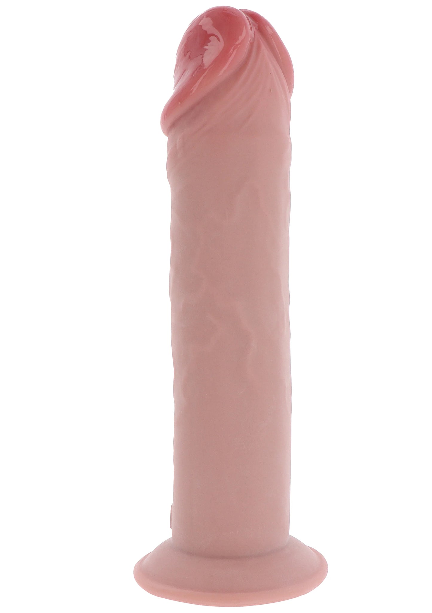 Roze TPE dong met afgeronde kop en brede voet, staand zijaanzicht