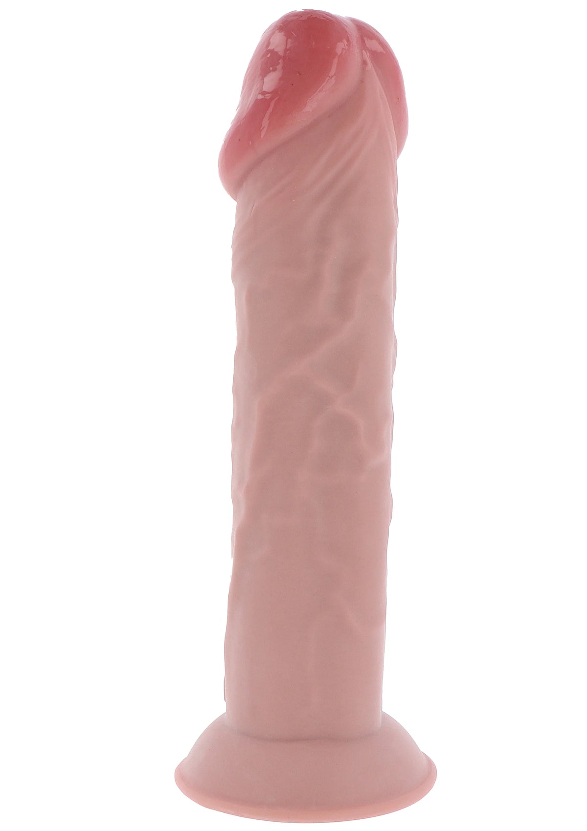 Roze TPE-dildo frontaal met afgeronde top en brede basis, glad materiaal.