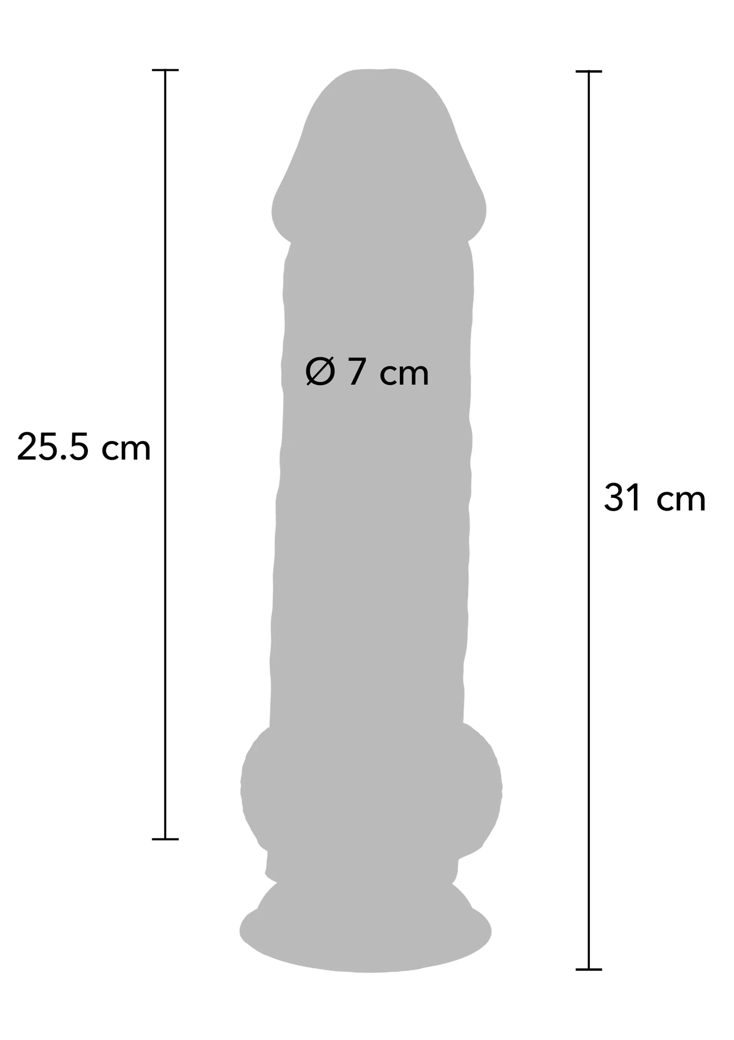 Afmetingen: dildo Ø7 cm, hoogte 31 cm, breedte 25,5 cm (silhouet)