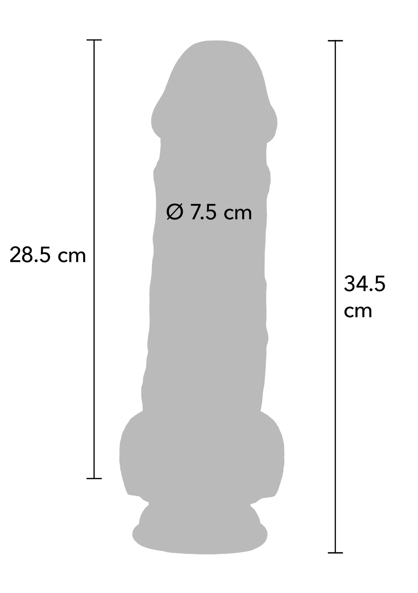 Roze TPE dildo met afmetingen: 34,5 cm hoog, Ø 7,5 cm