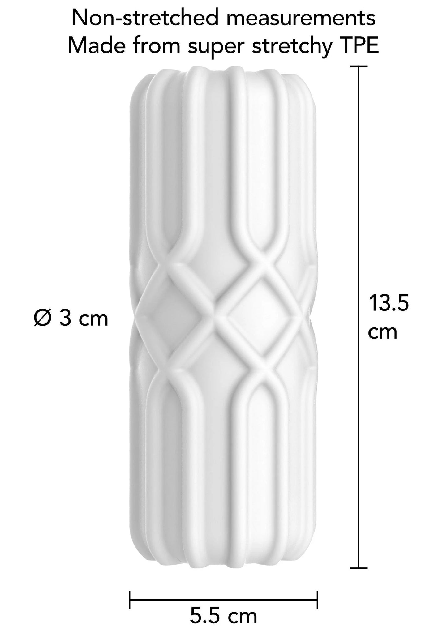 Afmetingen: Ø 3 cm en 13,5 cm voor ToyJoy masturbator, niet uitgerekt.