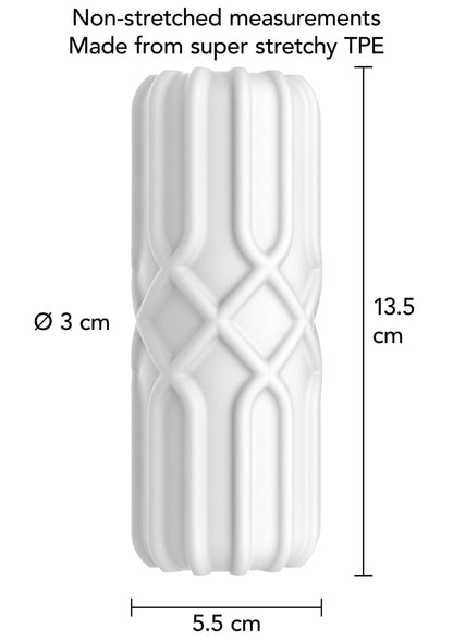 Afmetingen: Ø 3 cm en 13,5 cm voor ToyJoy masturbator, niet uitgerekt.