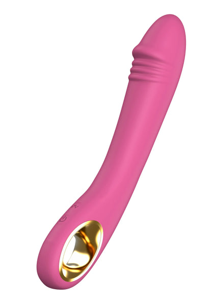 Roze gebogen vibrator met gouden ronde opening aan de onderkant.