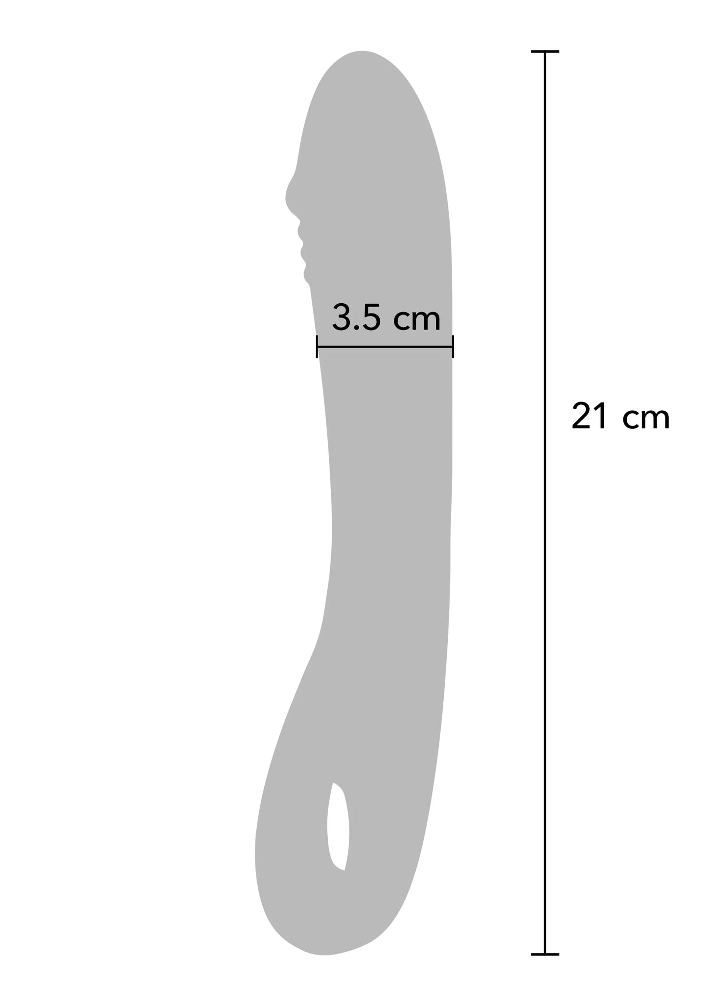 Roze vibrator silhouet met maatindicatie: 21 cm en 3,5 cm.