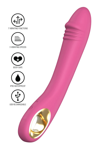 Roze vibrerende vibrator met pictogrammen voor 3 snelheden en laadbaar ontwerp.