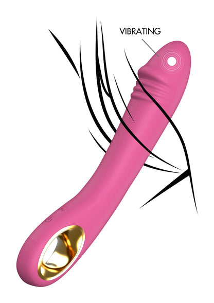 Roze vibrator met vibratie- en focus-pictogrammen rondom gouden opening.