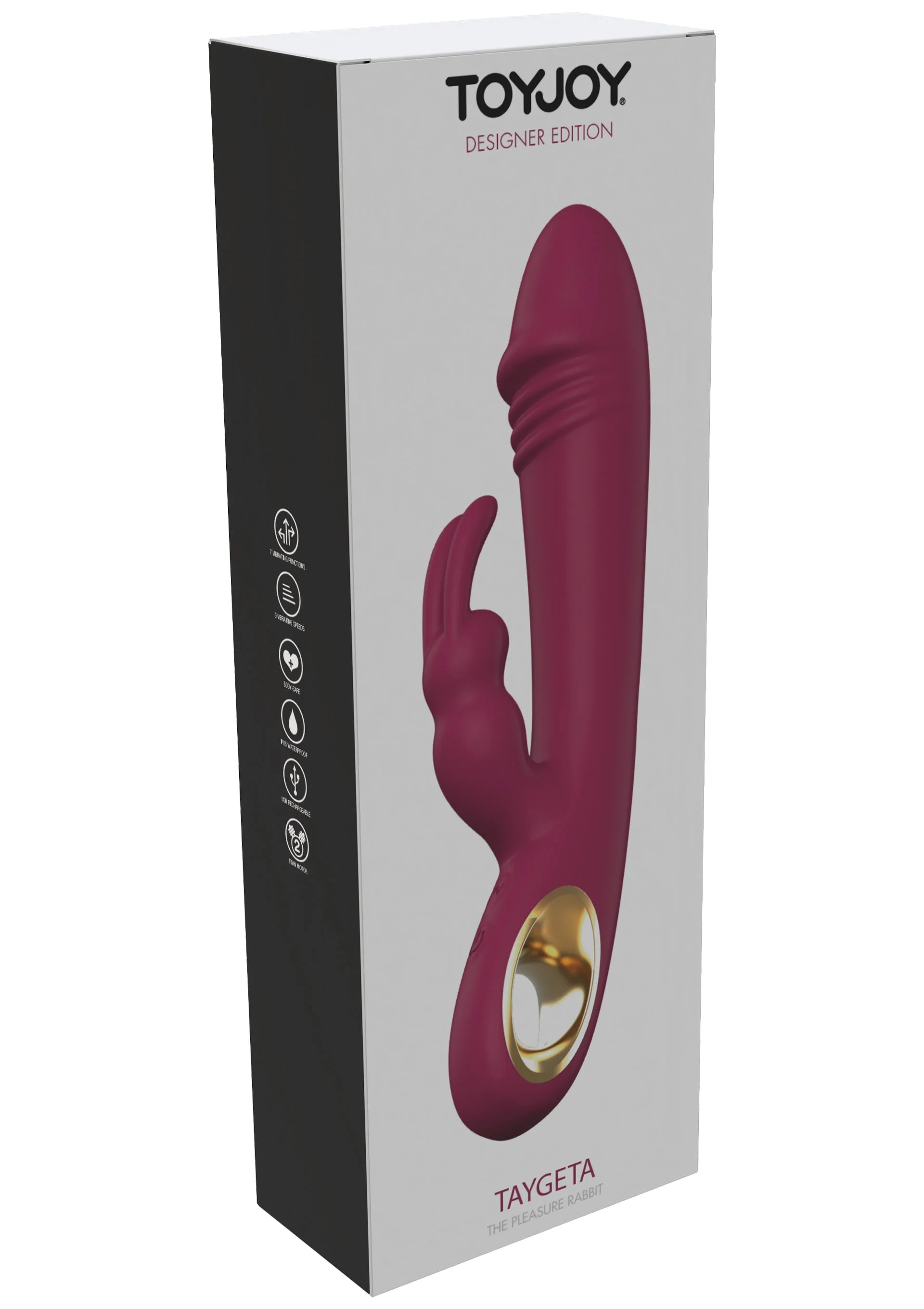 Verpakkingsdoos met afbeelding van magenta konijnenvibrator en gouden ronde opening.