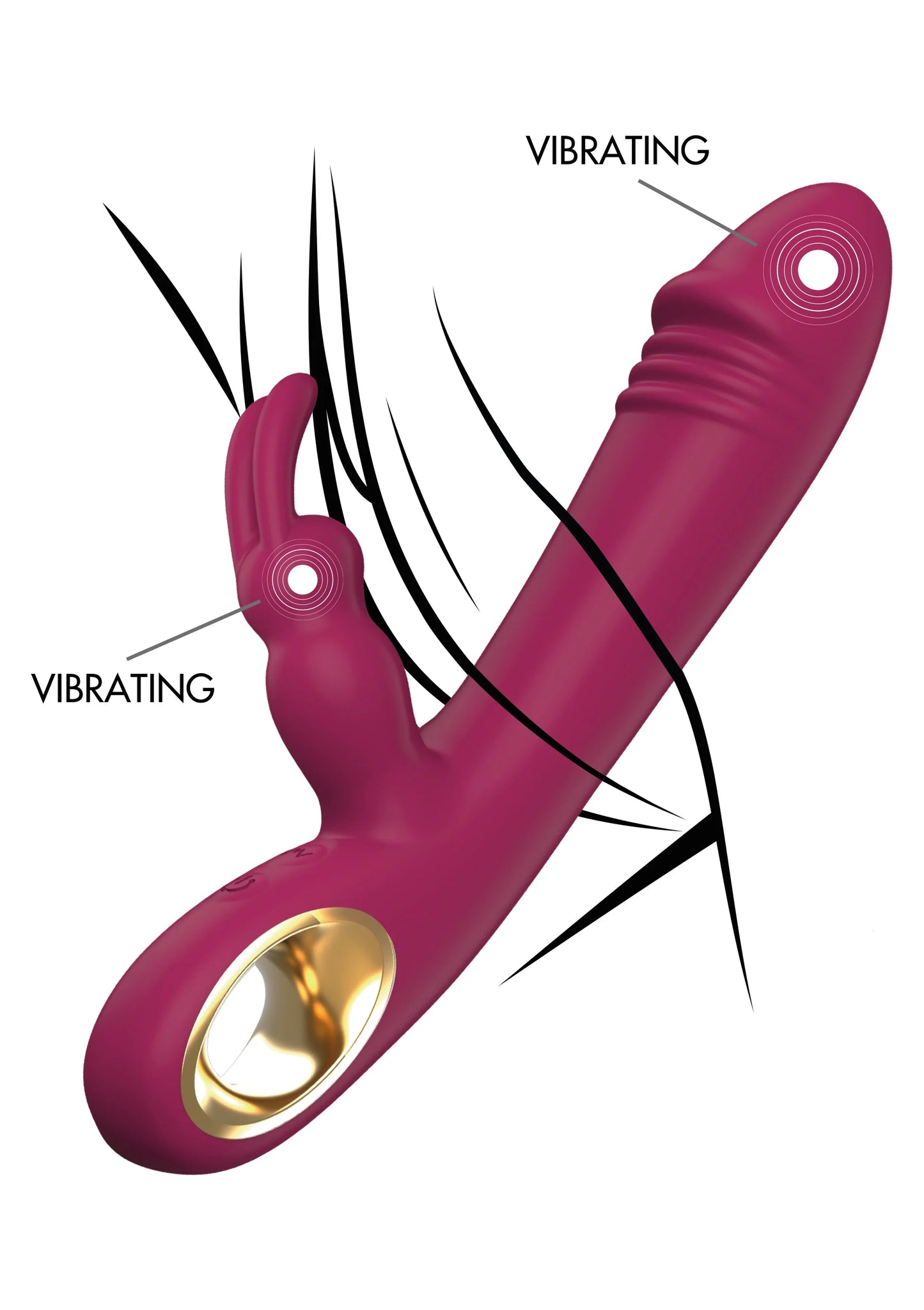 Magenta konijnenvibrator met vibrerende pijlen en ronde motoropening aan kop.