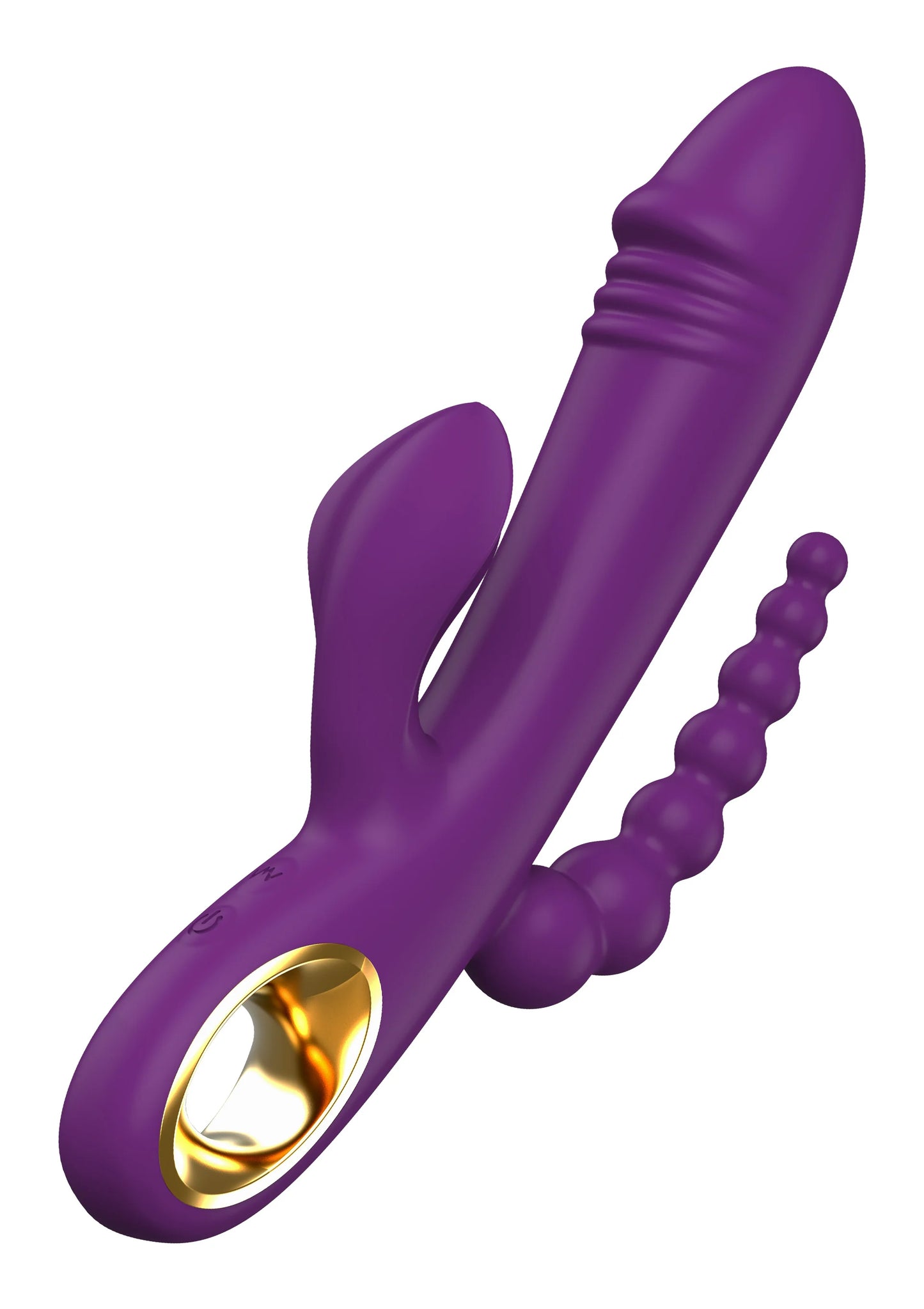Paarse dubbele vibrator met extra knobbels en gebogen kop, goudkleurige opening