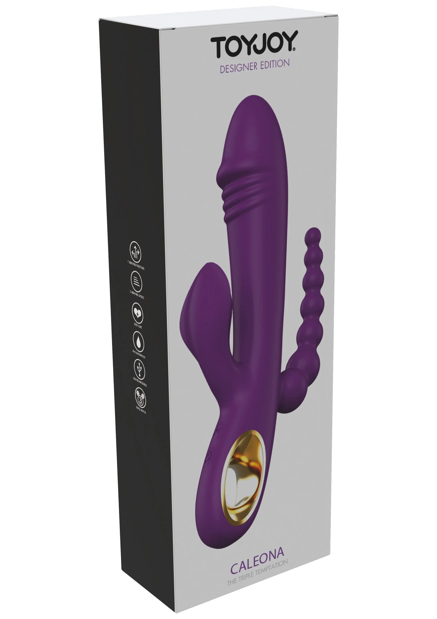 Verpakking van paarse dubbele vibrator met extra knobbels en goudkleurige opening
