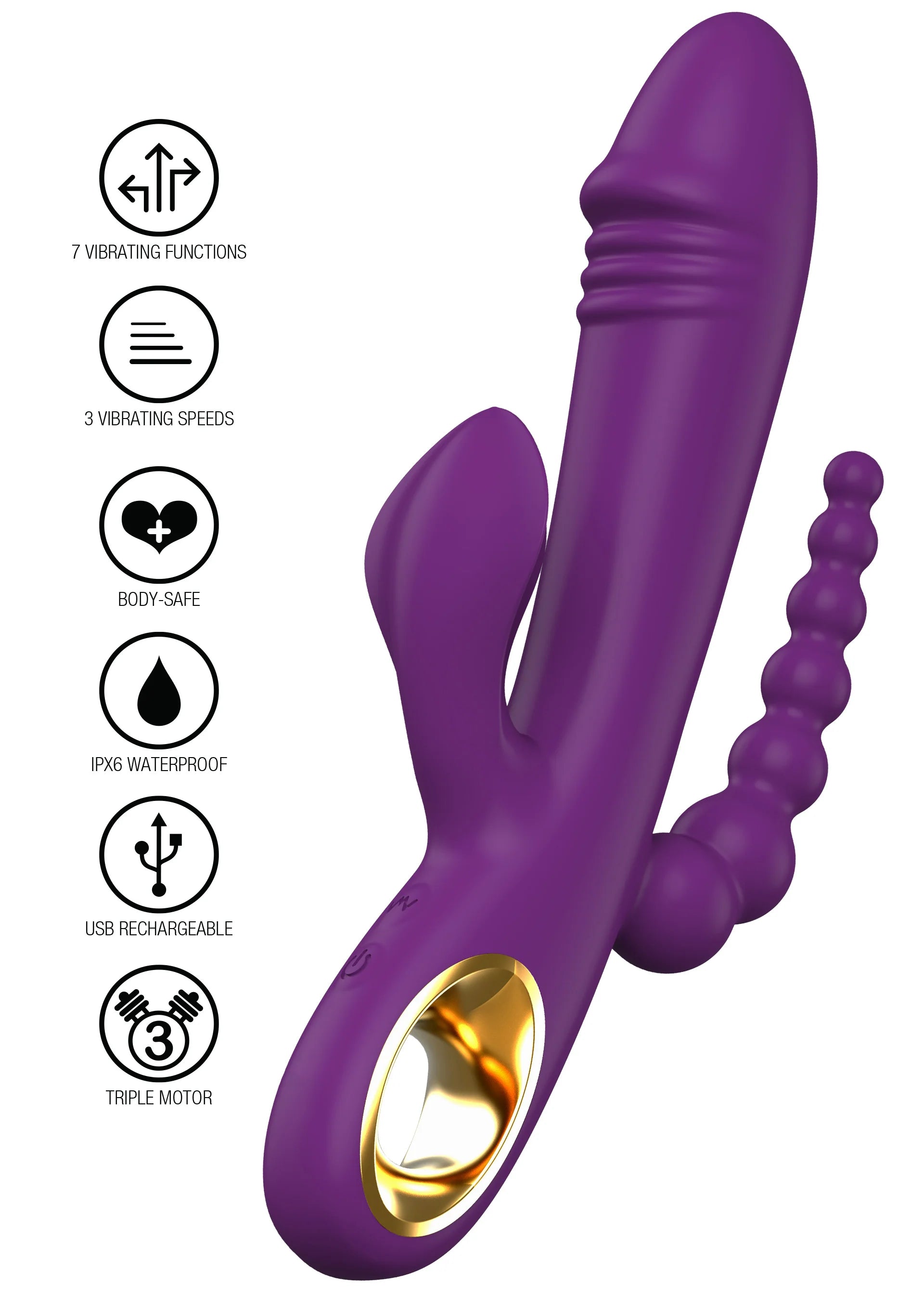 Paarse dubbele vibrator met extra knobbels en goudkleurige opening, met iconen