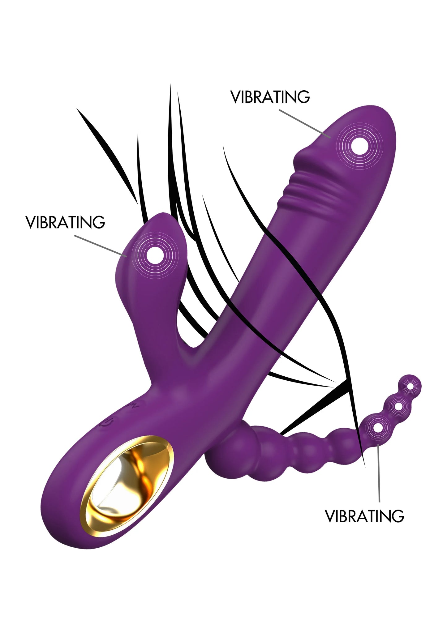 Paarse dubbele vibrator met extra knoppen en goudkleurige opening, met trilsignalen
