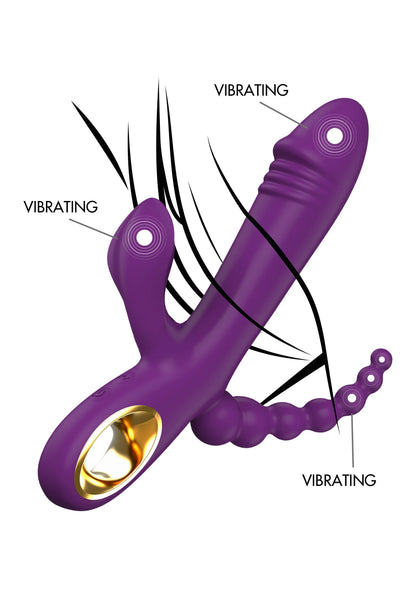 Paarse dubbele vibrator met extra knoppen en goudkleurige opening, met trilsignalen