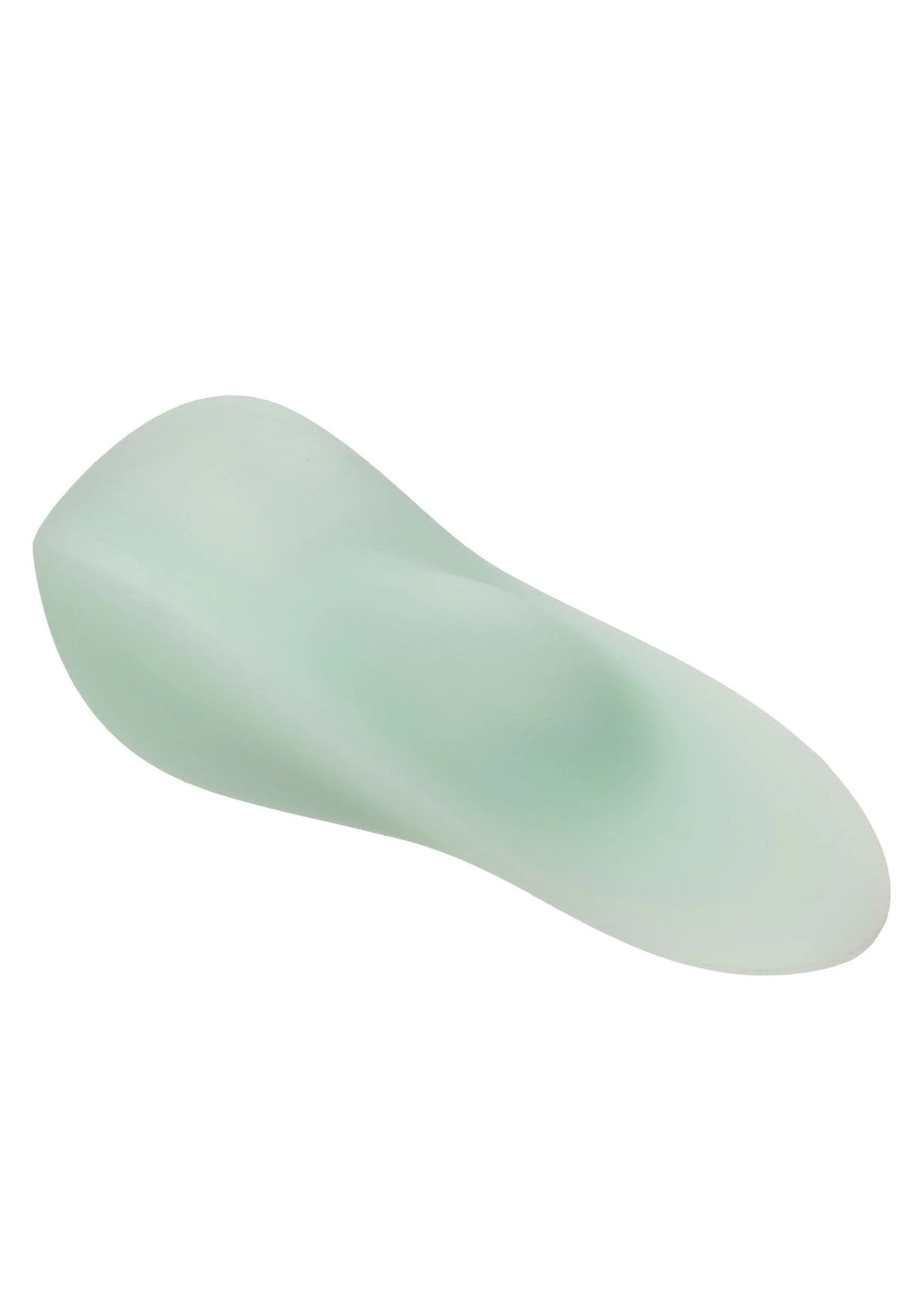 Lichtgroene, ovale siliconen vibrator met lange gebogen vorm en glad oppervlak.