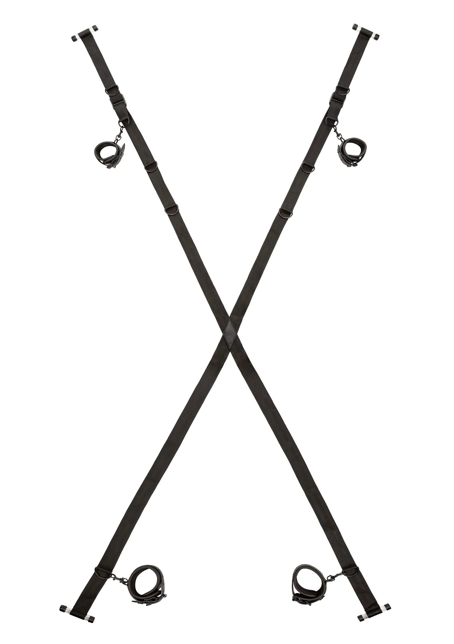 Zwarte V-vormige harnassen met kruisband voor bevestiging; metalen ringen en gespen zichtbaar.