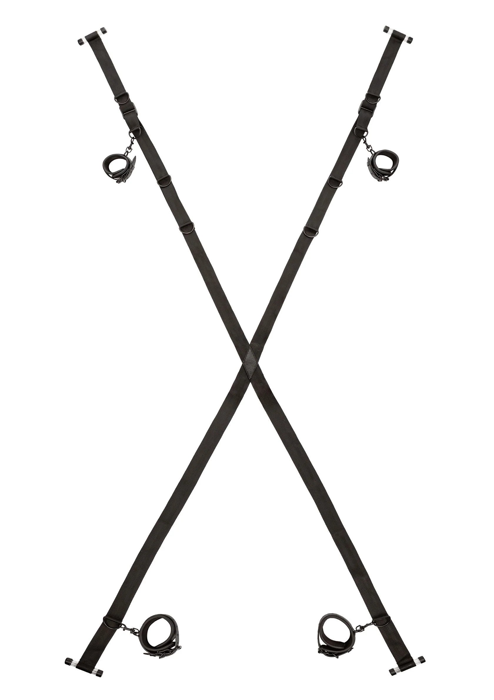 Zwarte V-vormige harnassen met kruisband voor bevestiging; metalen ringen en gespen zichtbaar.