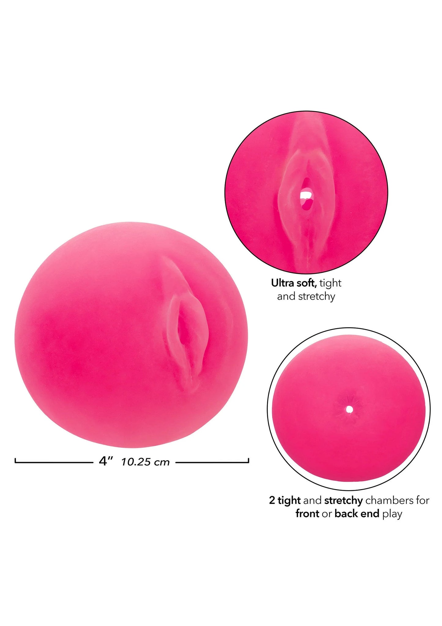 Roze ronde pop-sok met opening; close-up op voor- en achterkant