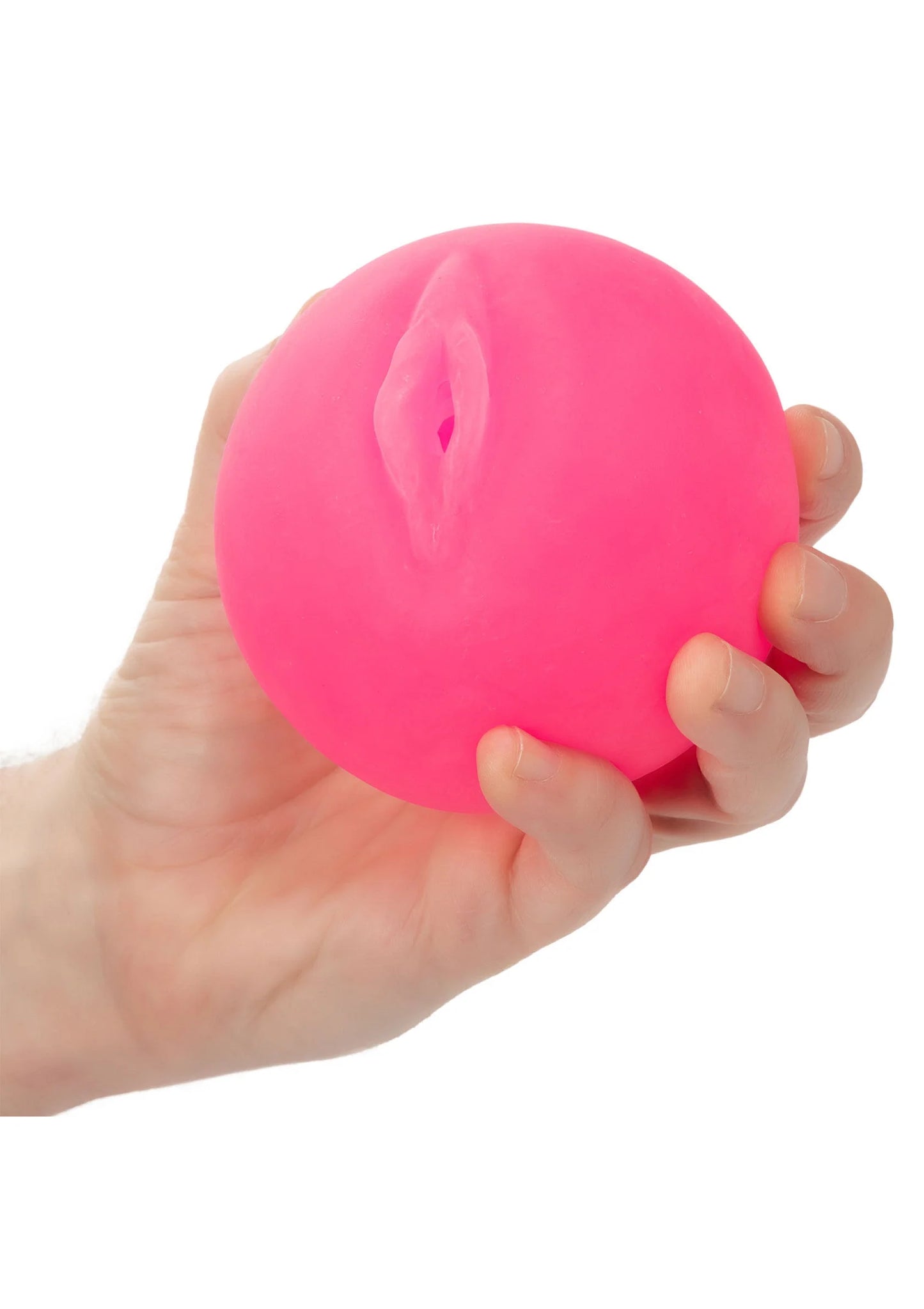Roze pop-sok speeltje in hand; ronde buitenkant met opening zichtbaar