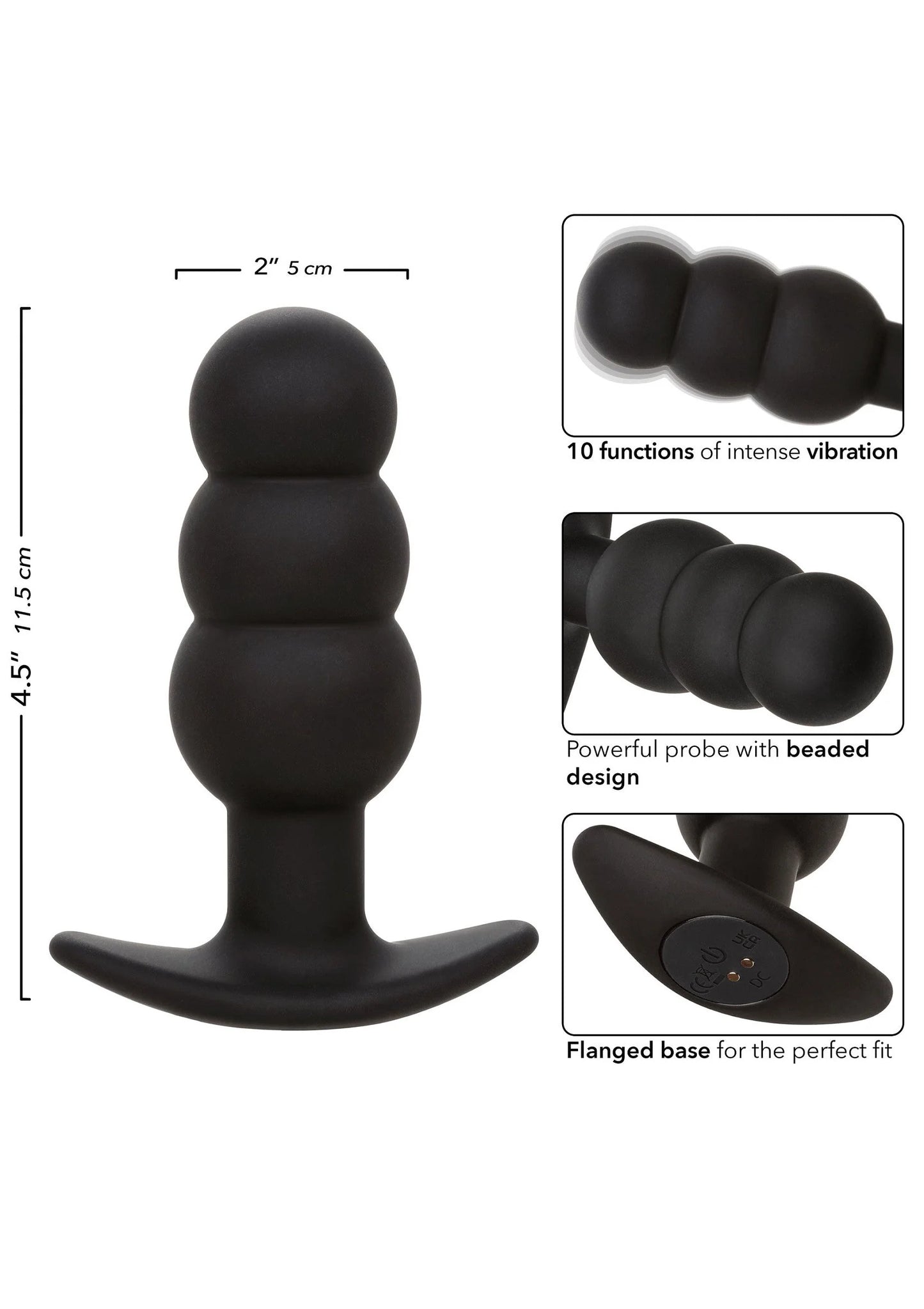 Zwarte beaded probe met ronde segmenten en brede voet, met maatindicatie