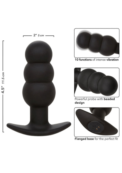 Zwarte beaded probe met ronde segmenten en brede voet, met maatindicatie