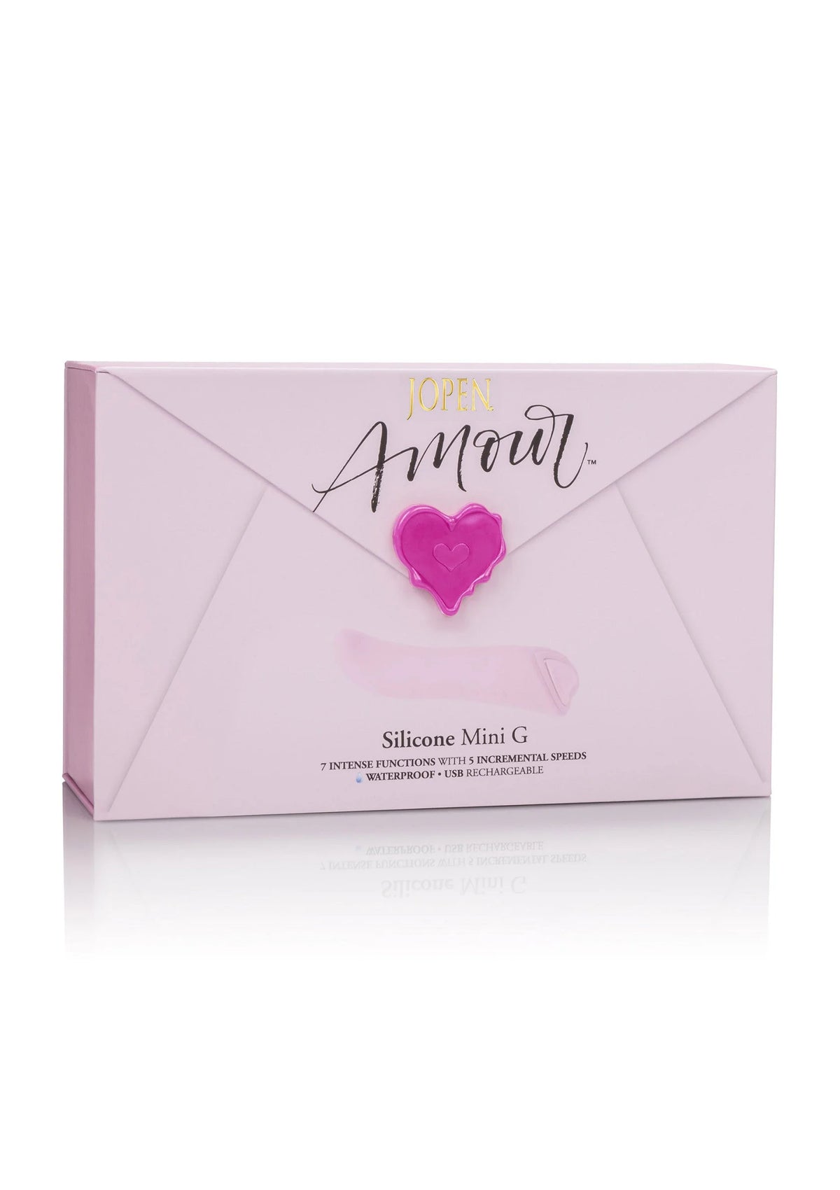Doos met Jopen Amour Mini G, hartlogo en opschrift “Siliconen Mini G”.
