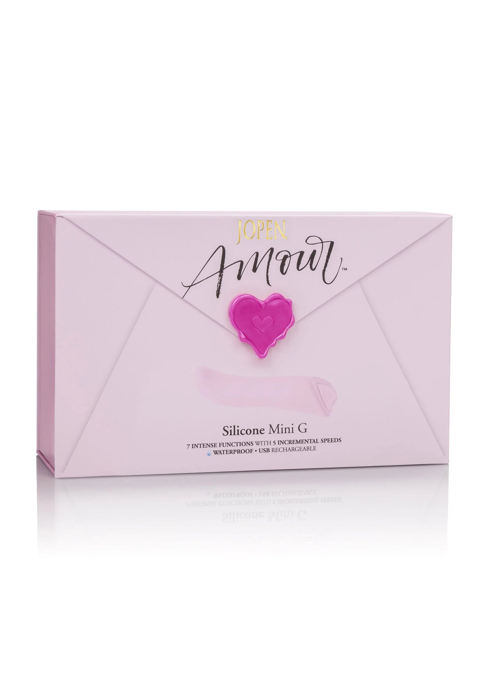Doos met Jopen Amour Mini G, hartlogo en opschrift “Siliconen Mini G”.