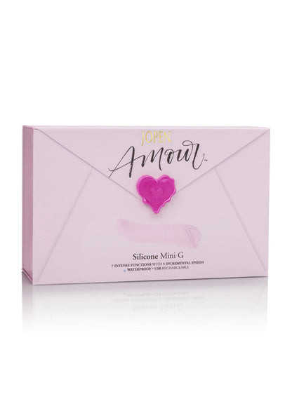 Doos met Jopen Amour Mini G, hartlogo en opschrift “Siliconen Mini G”.