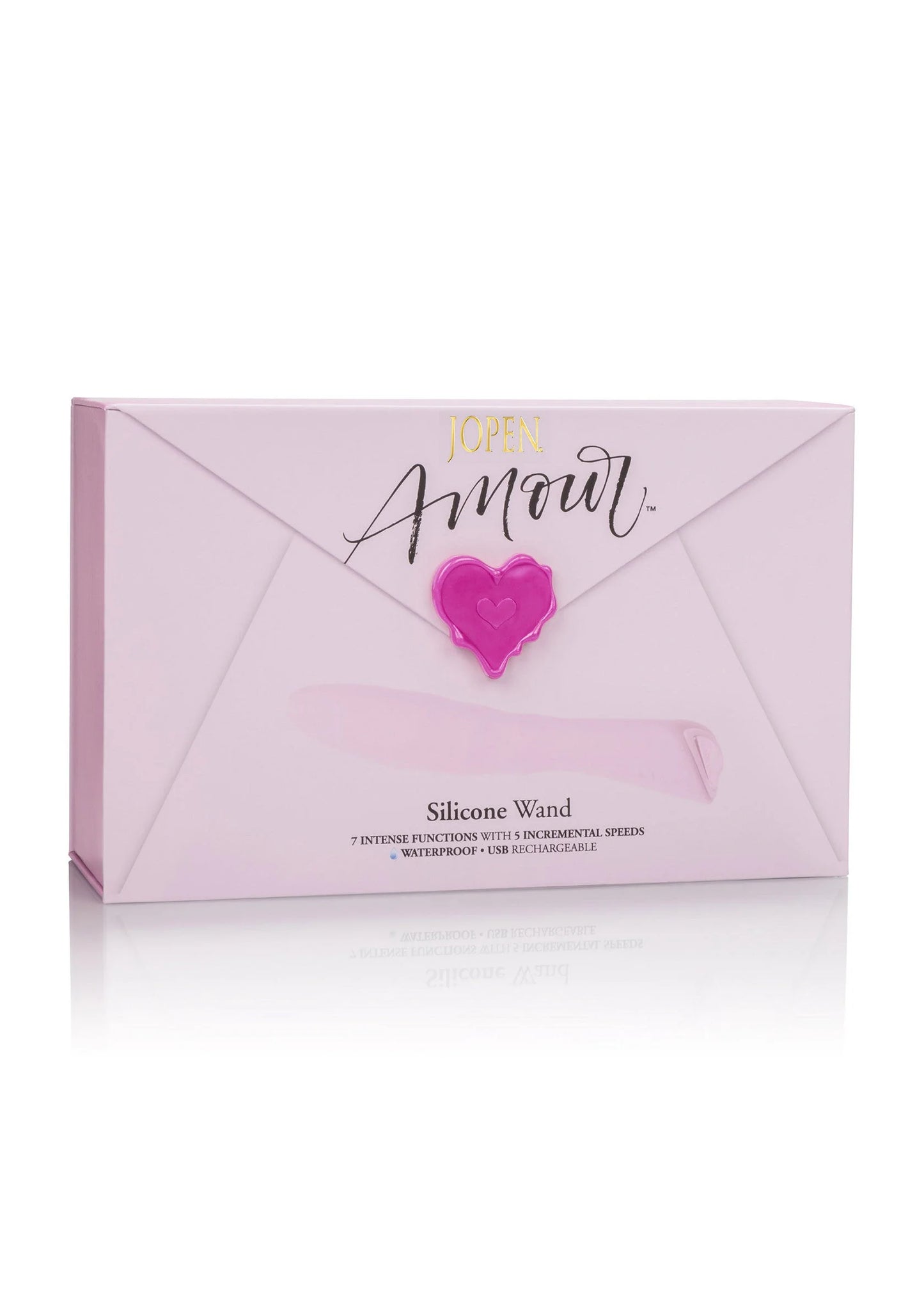 Roze doos met hartvormig embleem en afbeelding van siliconen wandvibrator