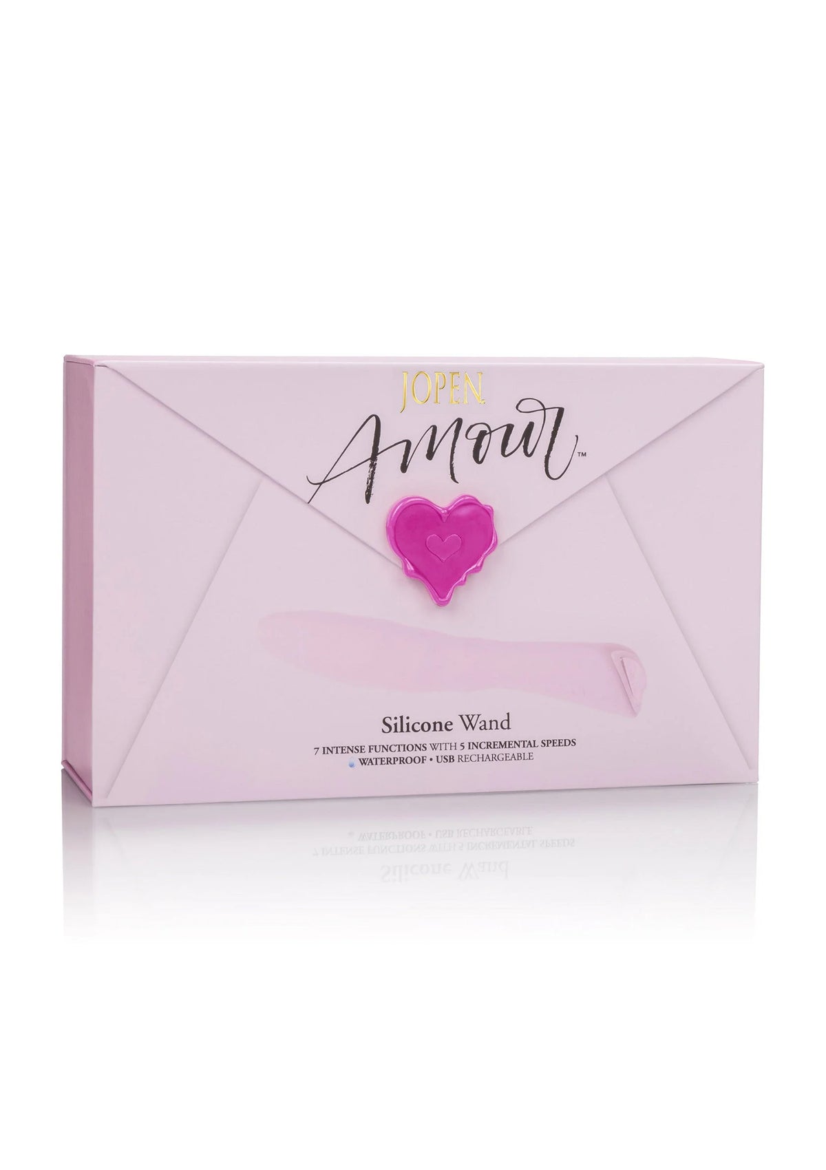 Roze doos met hartvormig embleem en afbeelding van siliconen wandvibrator