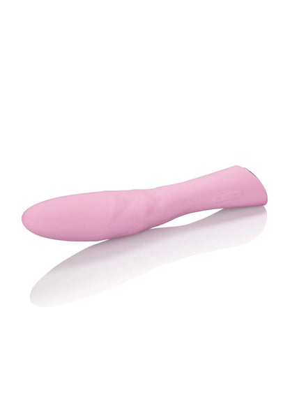 Roze siliconen wandvibrator in zijaanzicht met korte, platte onderkant