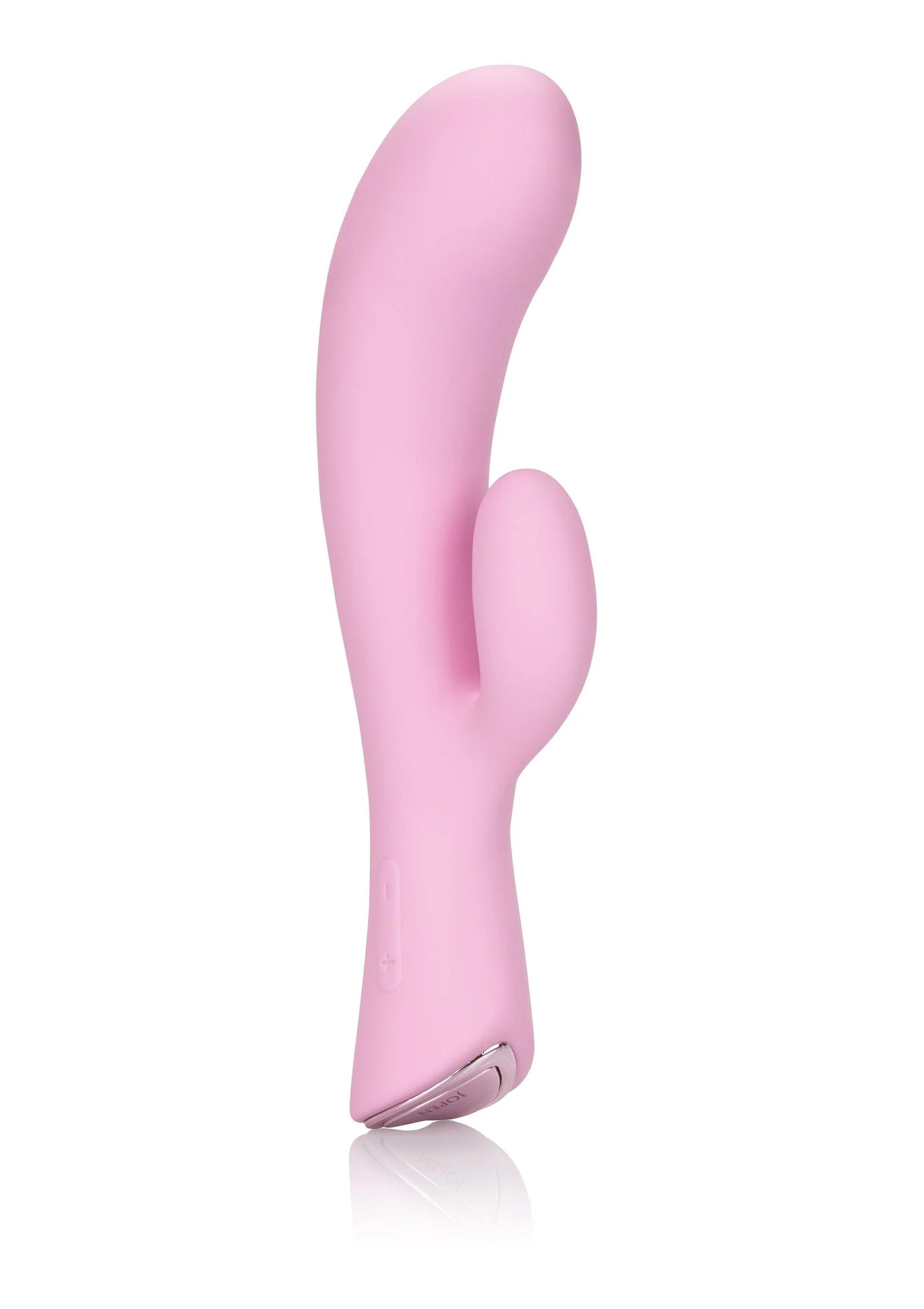 Roze silicone dual G-wand rechtop met dubbel opzetstuk en metalen onderzijde