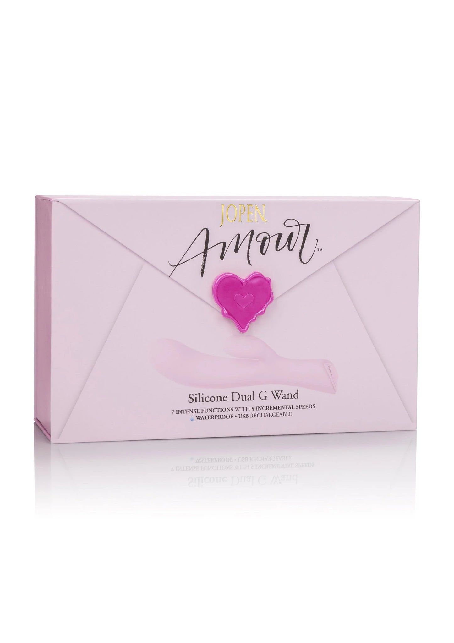 Doos met Jopen Amour opdruk en hartvormig logo van silicone dual G-wand