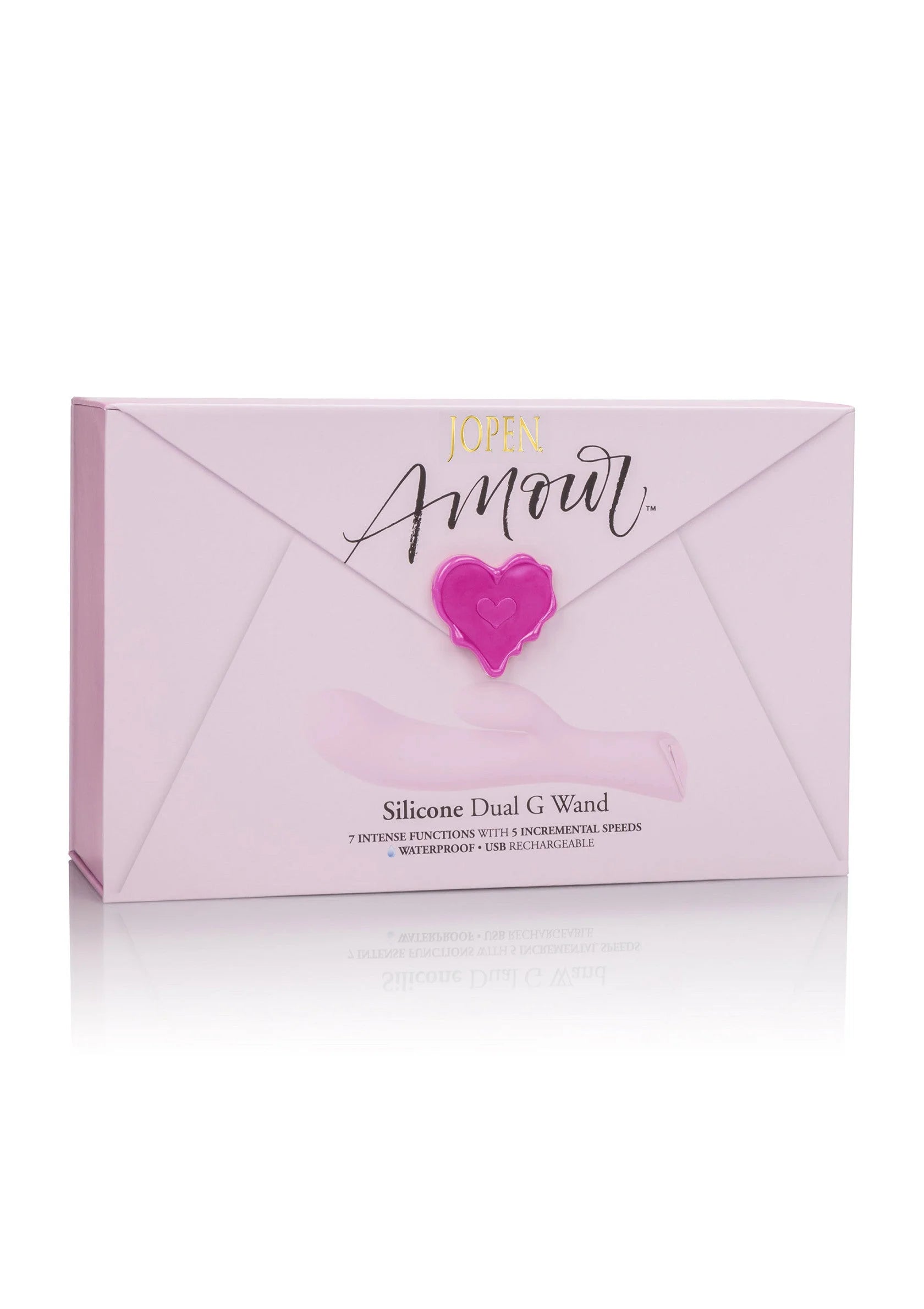Doos met Jopen Amour opdruk en hartvormig logo van silicone dual G-wand