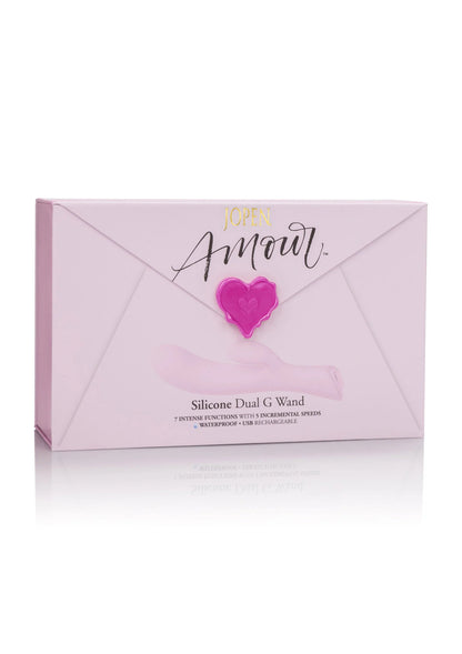 Doos met Jopen Amour opdruk en hartvormig logo van silicone dual G-wand
