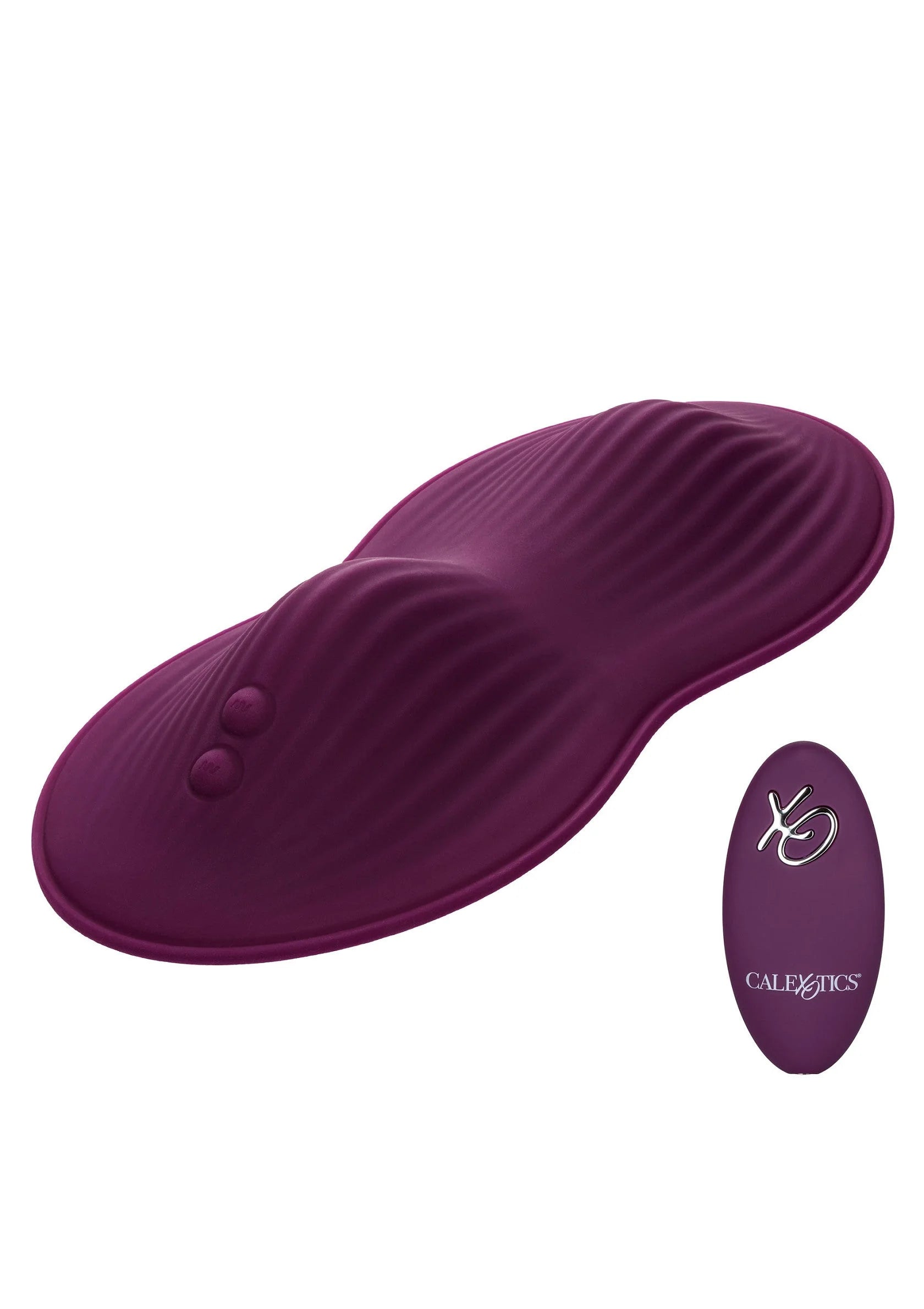 Paarse ovale zitvibrator met reliëfstructuur en twee knoppen op de behuizing