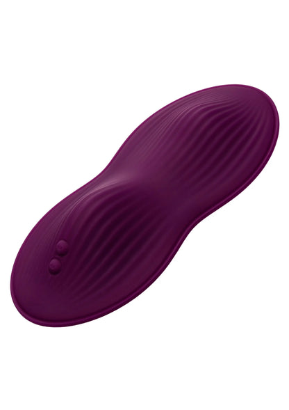 Paarse ovale zitvibrator met geribde textuur en twee bedienknoppen