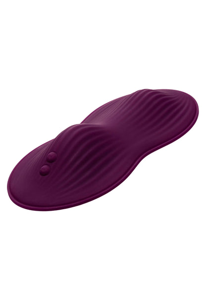 Paars zittende vibrator met ribbelstructuur en twee knoppen aan de zijkant