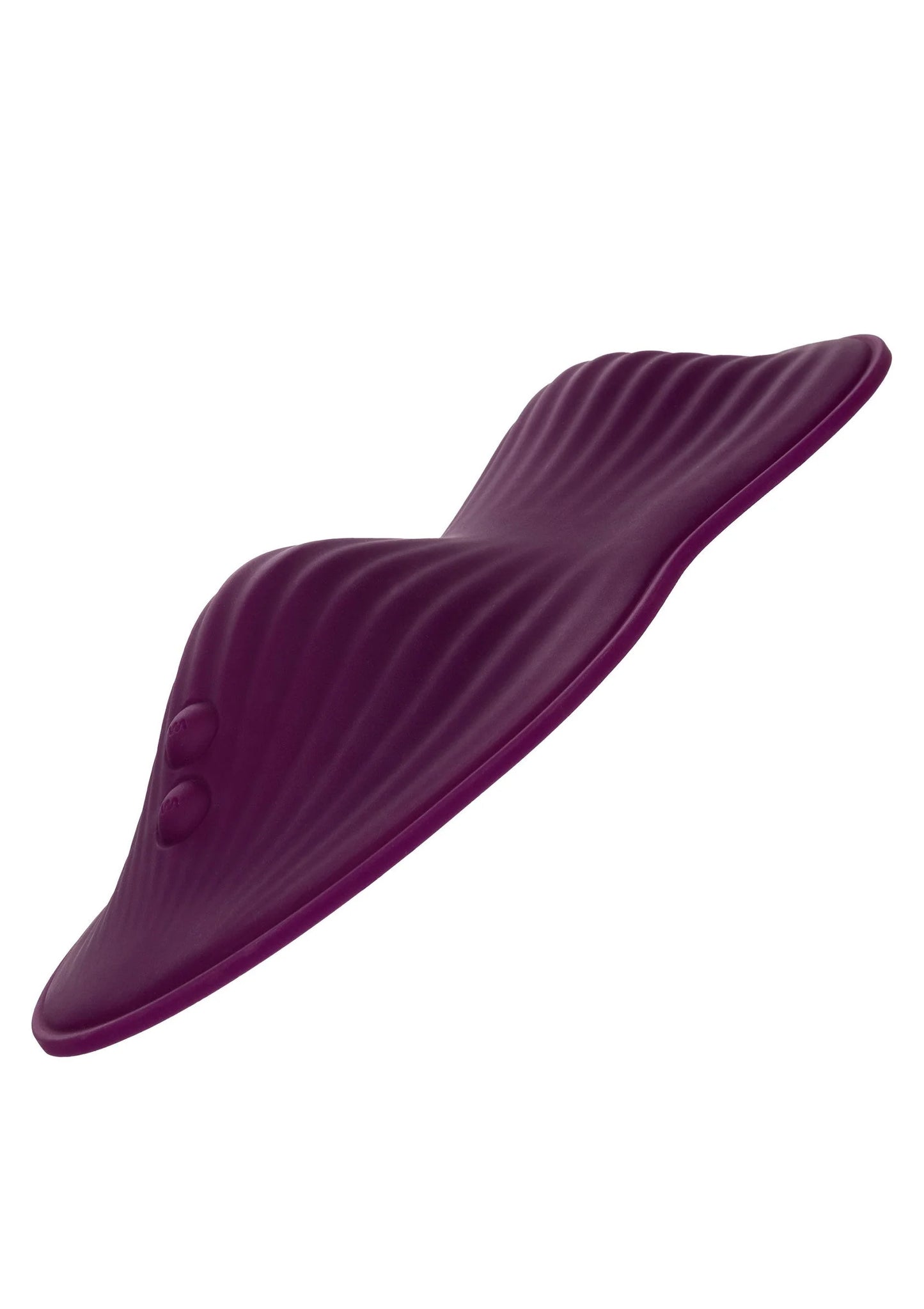 Paars zittende vibrator met ribbelpatroon en afgeronde randen, zijaanzicht