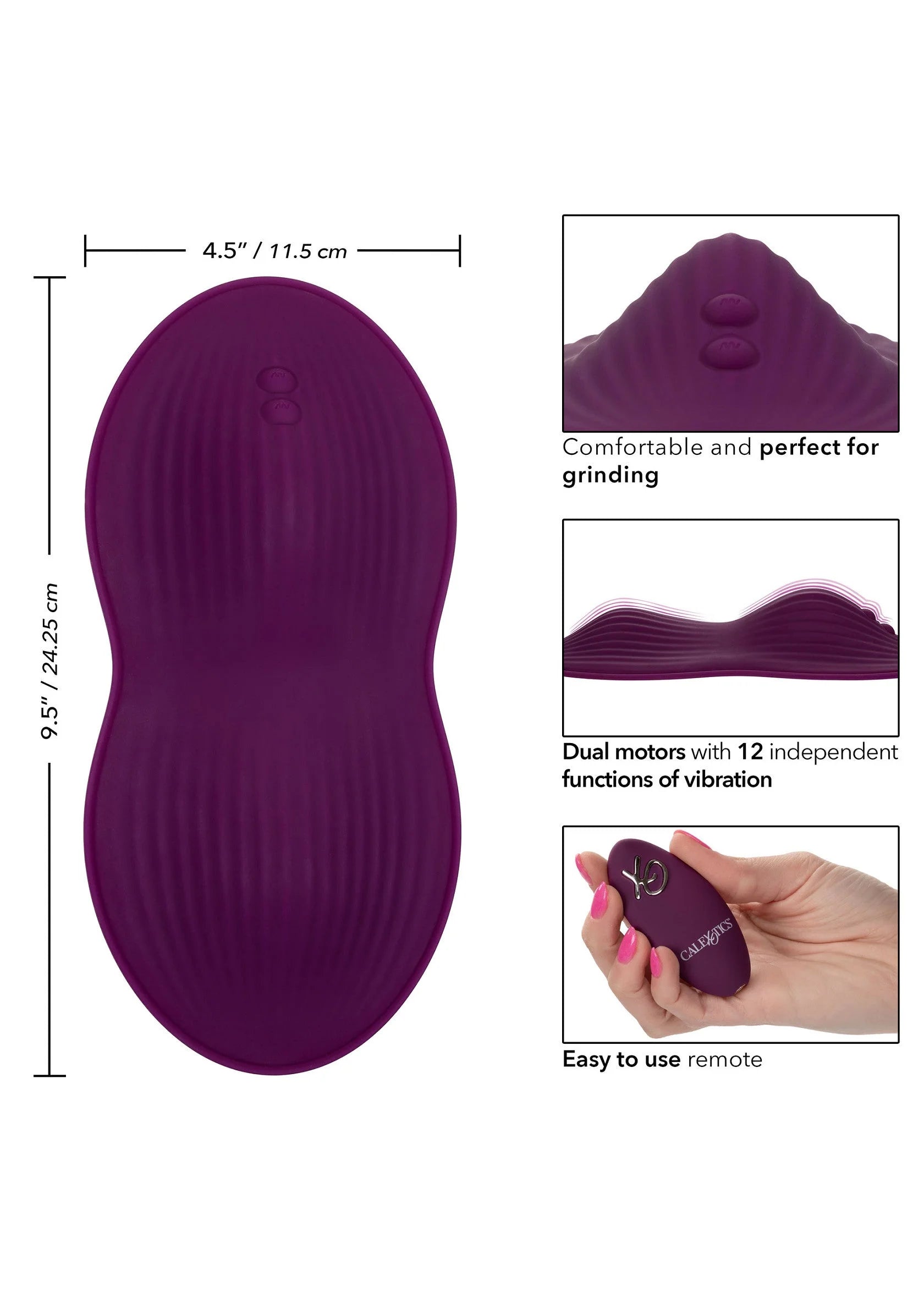 Paarse ovale zitvibrator met reliëf, afmetingen en bedieningsdetails in schema