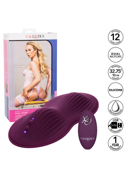 Paarse ovale zitvibrator met afstandsbediening, met draagdoos en keuringsiconen