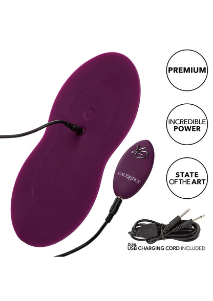 Paarse ovale zitvibrator met snoer en kleine paarse afstandsbediening